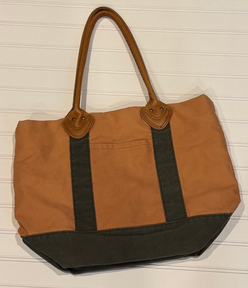 L.L. Bean Leather Handles Boat Tote Bag Canvas Plaid Brown Green Vintage 90s